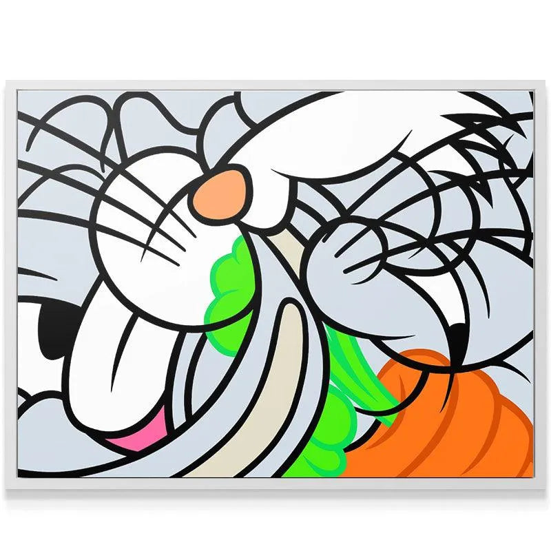 A modern living room setting featuring the stylized pop art canvas, The Rabbit.