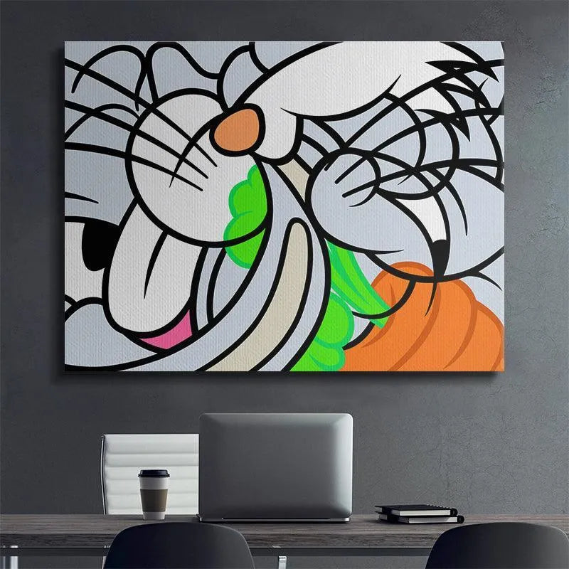 Detailed view of the carrot and neon green leaves in the bottom right corner of The Rabbit.
