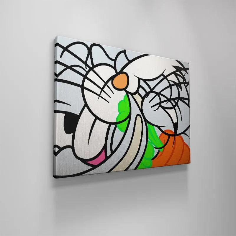 The Rabbit canvas displayed under focused gallery lighting, highlighting the graphic colors.