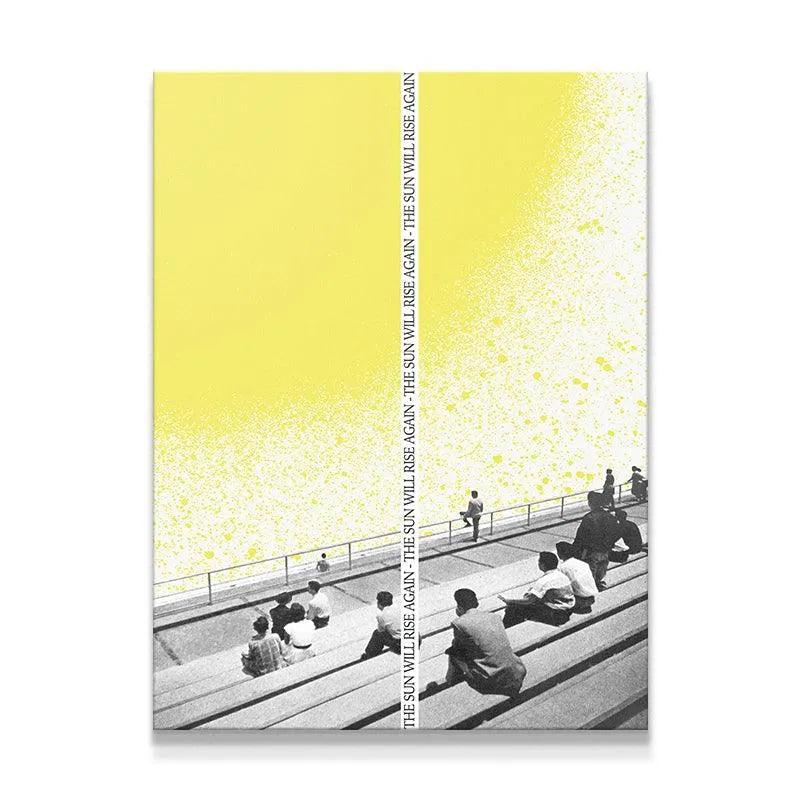Conceptual high-contrast print featuring black and white bleachers under a bright yellow sky: The Sun Will Rise Again artwork.