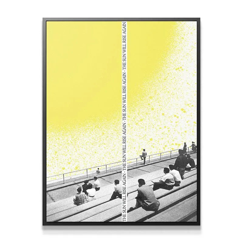 Close-up detailed view of the textured, speckled yellow gradient on The Sun Will Rise Again print, emphasizing the splatter effect.