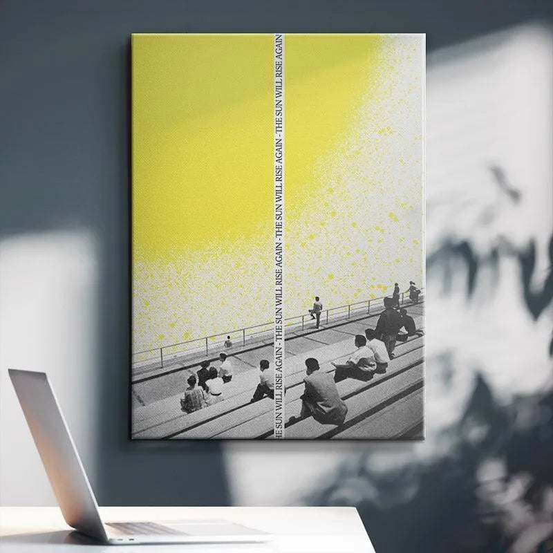 Lifestyle mockup of The Sun Will Rise Again poster hanging above a minimalist sofa, showcasing its scale and impact.