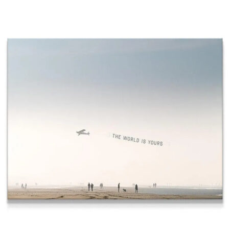 Panoramic view of the serene beach and sky featuring the airplane towing 'The World Is Yours' banner.