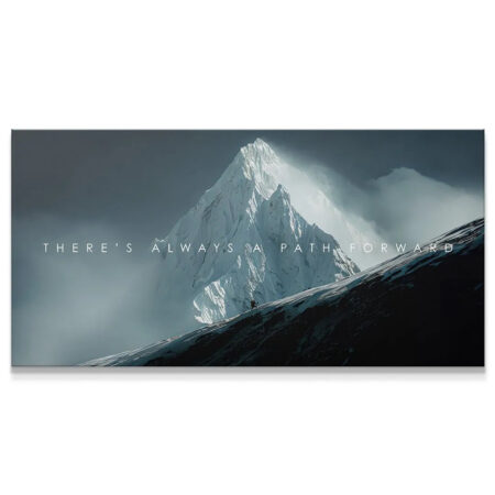 Wide landscape view of a snowy mountain peak with the motivational text: There's Always A Path Forward.