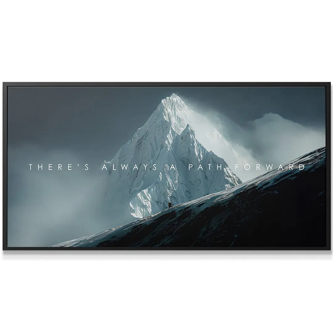 Close-up texture of the icy mountain slope, showing the small climber: There's Always A Path Forward.