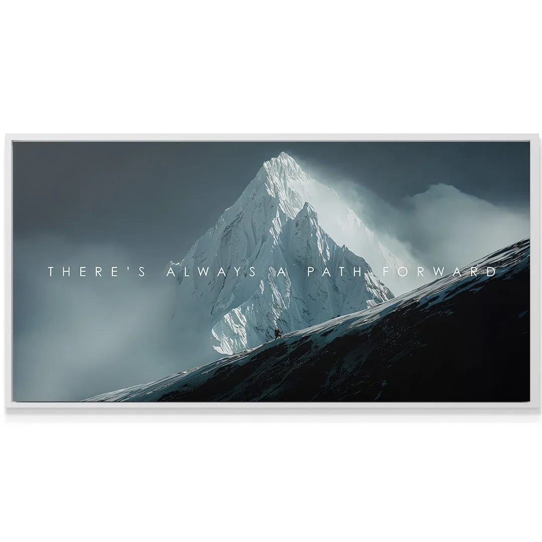 Motivational canvas print featuring a climber against dramatic, dark sky lighting: There's Always A Path Forward.