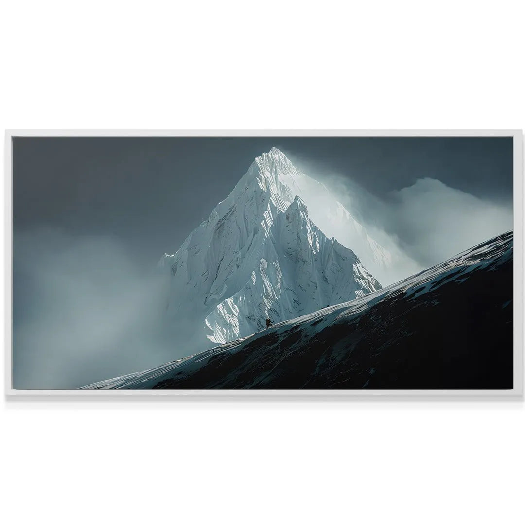 Lifestyle mockup of the horizontal mountain poster displayed in a modern office: There's Always A Path Forward.