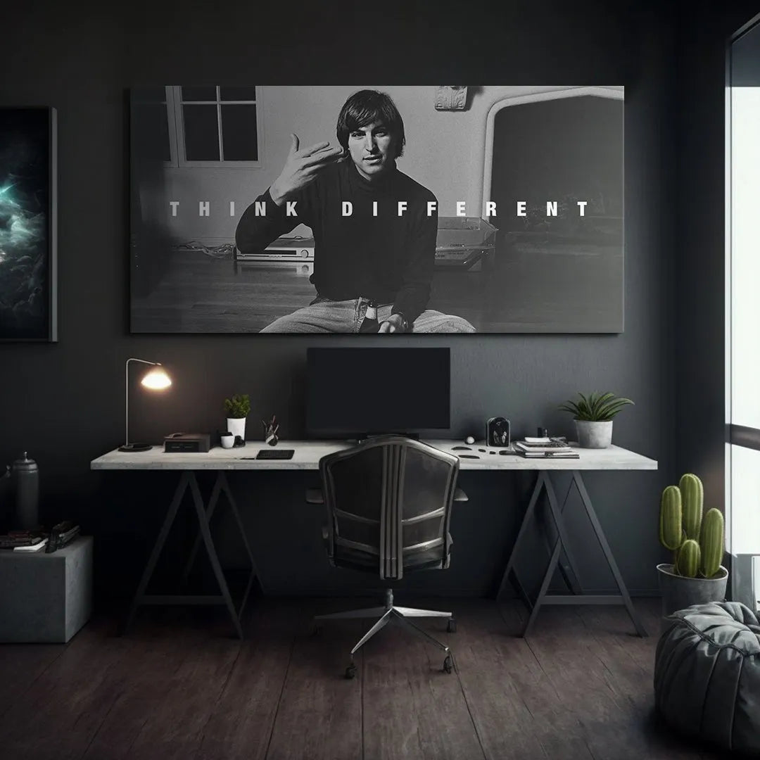 Lifestyle mock-up showing the Think Different (No Quote) artwork mounted above an office desk.
