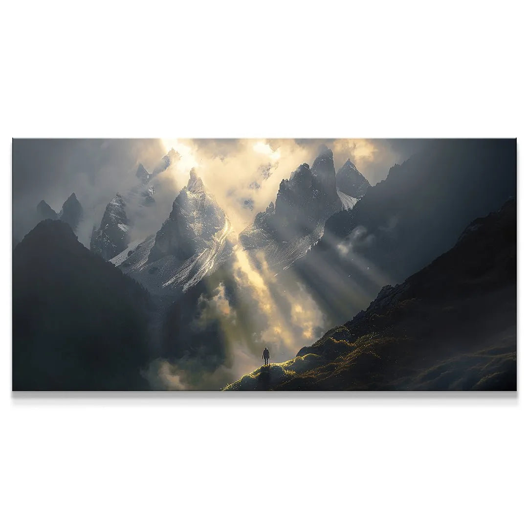 Panoramic view of dark, textured mountains with inspirational text 'This Too Shall Pass' centered above the horizon line.