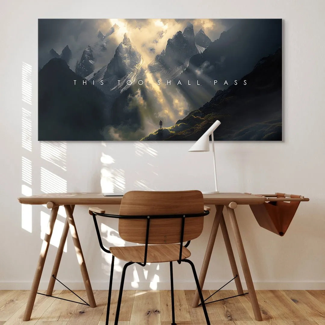 Vertical crop emphasizing the sharp, misty mountain peaks and the encouraging message 'This Too Shall Pass'.