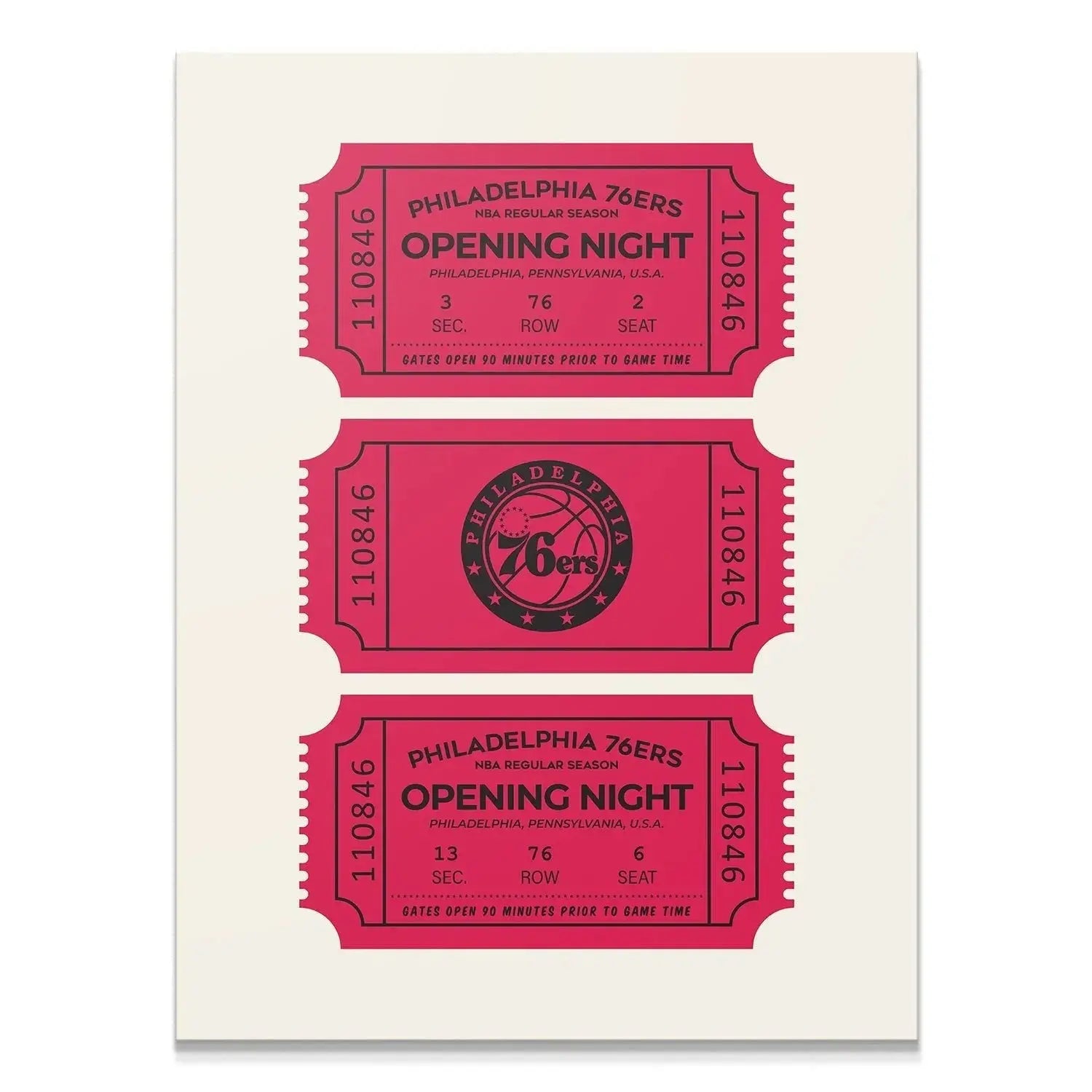 Full vertical view of the three stacked Tickets - 76ers art prints on a clean white background.