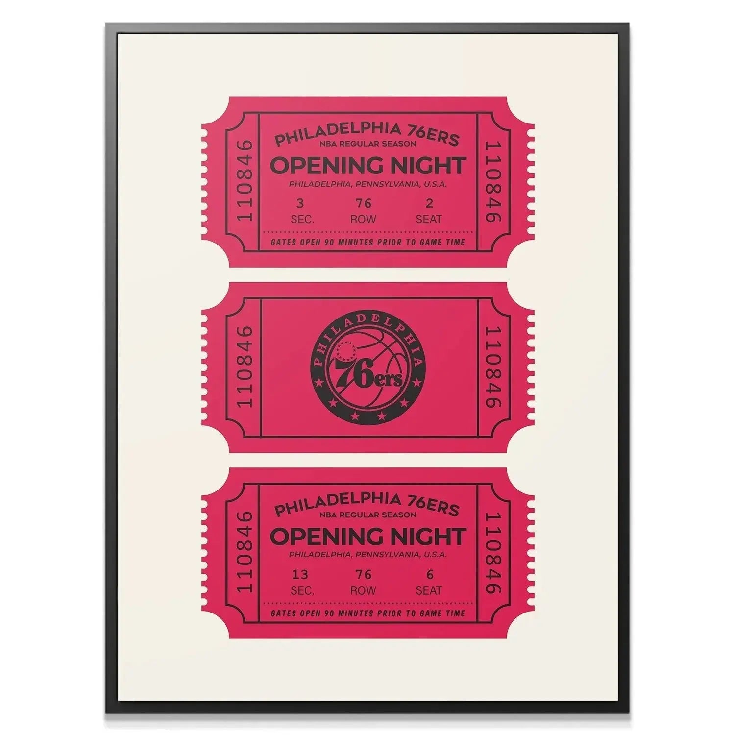 Detailed close-up of the perforation edge and the 110846 serial number on the top Tickets - 76ers.