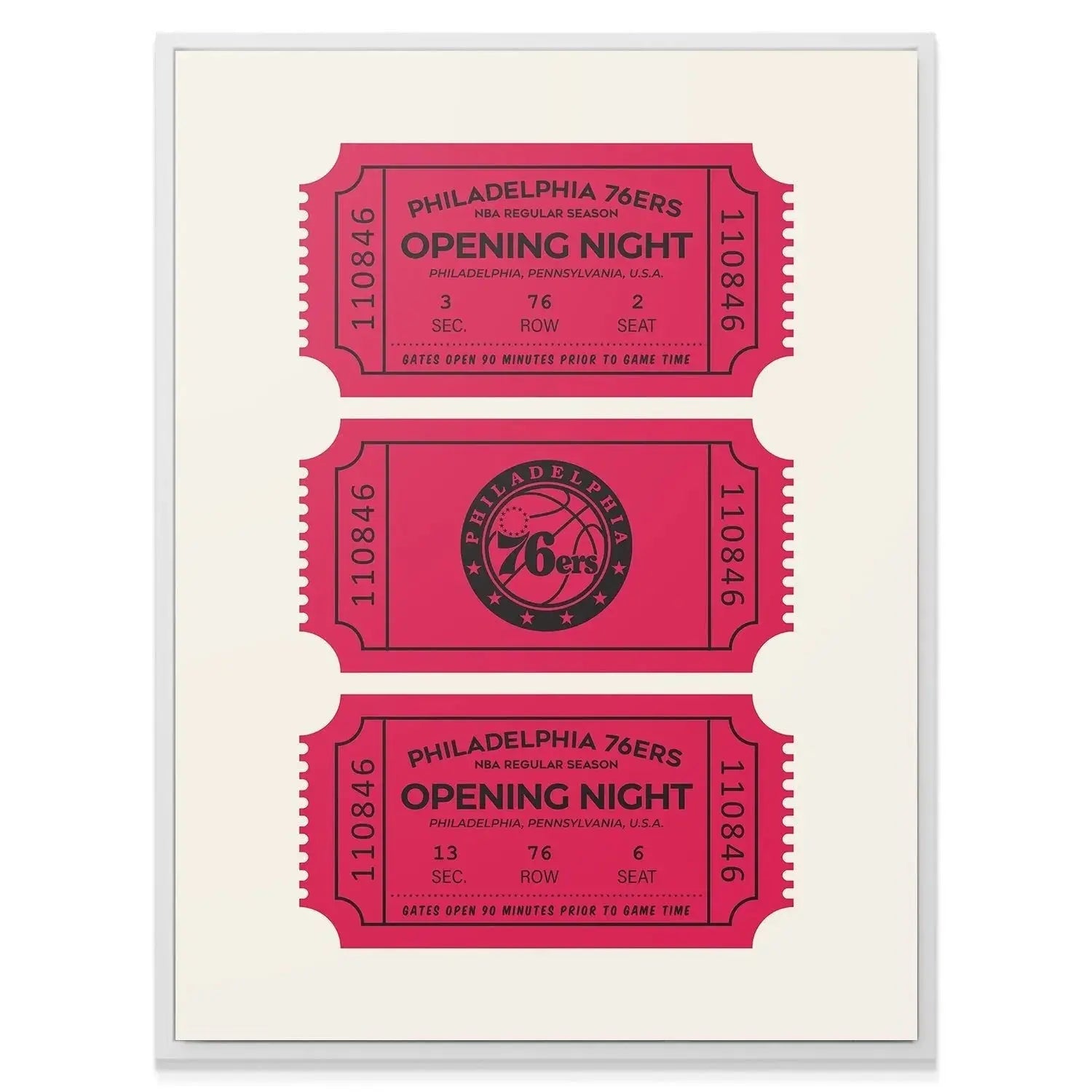 High-resolution studio shot showing the matte paper texture of the reproduction Tickets - 76ers artwork.