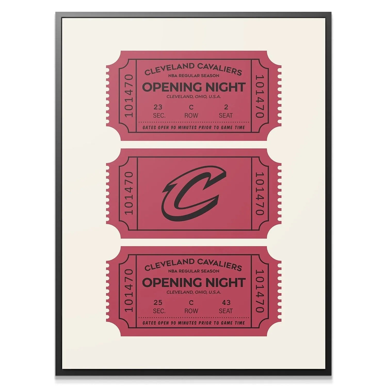 Overhead shot showing three parallel, retro NBA Opening Night Tickets - Cavaliers artwork.