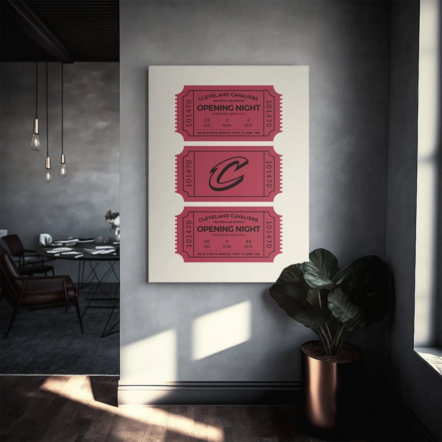 Lifestyle context of the framed maroon and black Tickets - Cavaliers poster hanging on a wall.