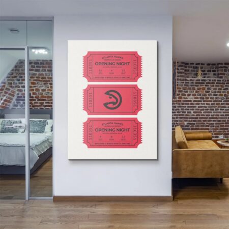 Full vertical view of stacked red Tickets - Hawks canvas art in a modern lifestyle setting with a brick wall.