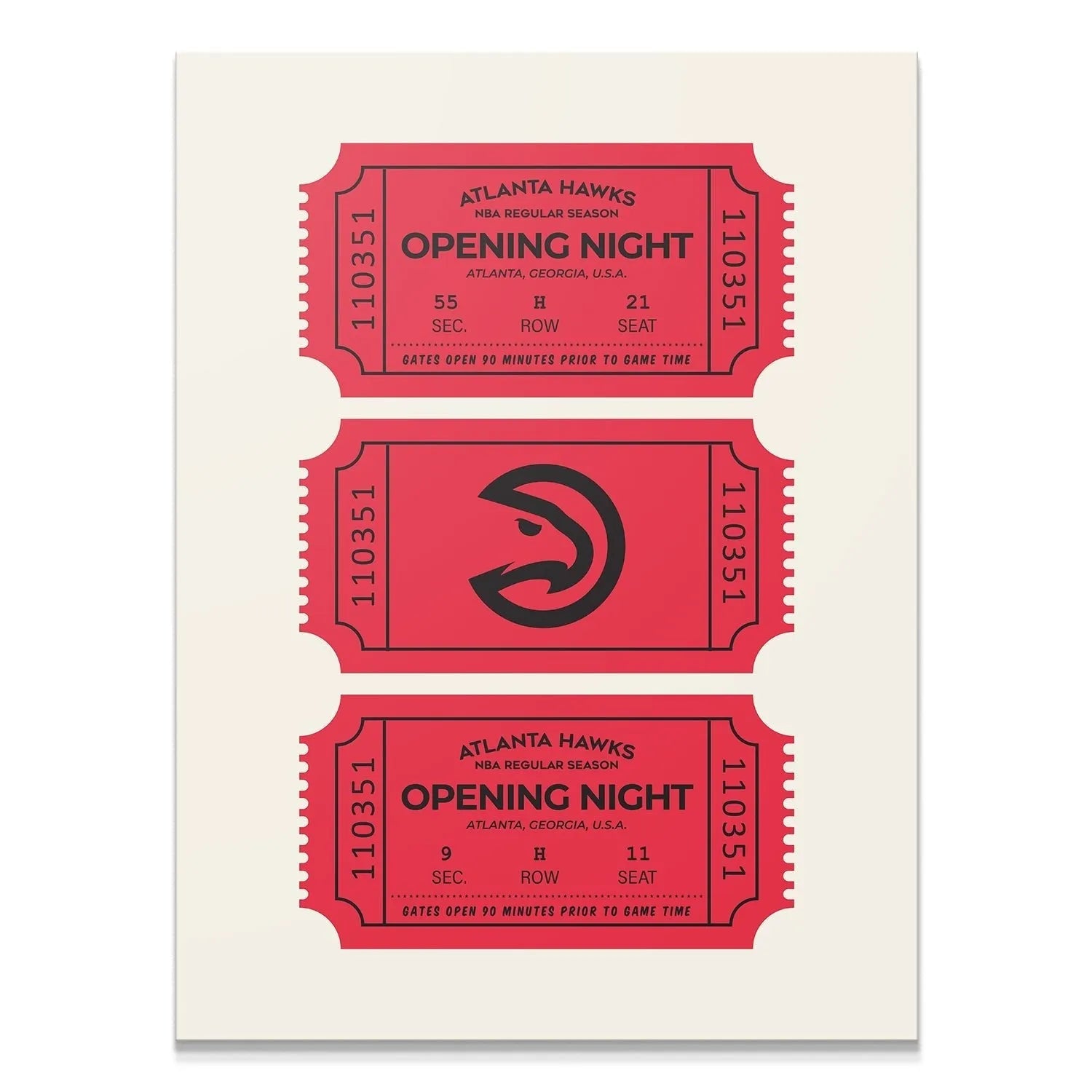 Close-up detail shot showing the textured canvas and perforated edges of the vintage Tickets - Hawks stubs artwork.