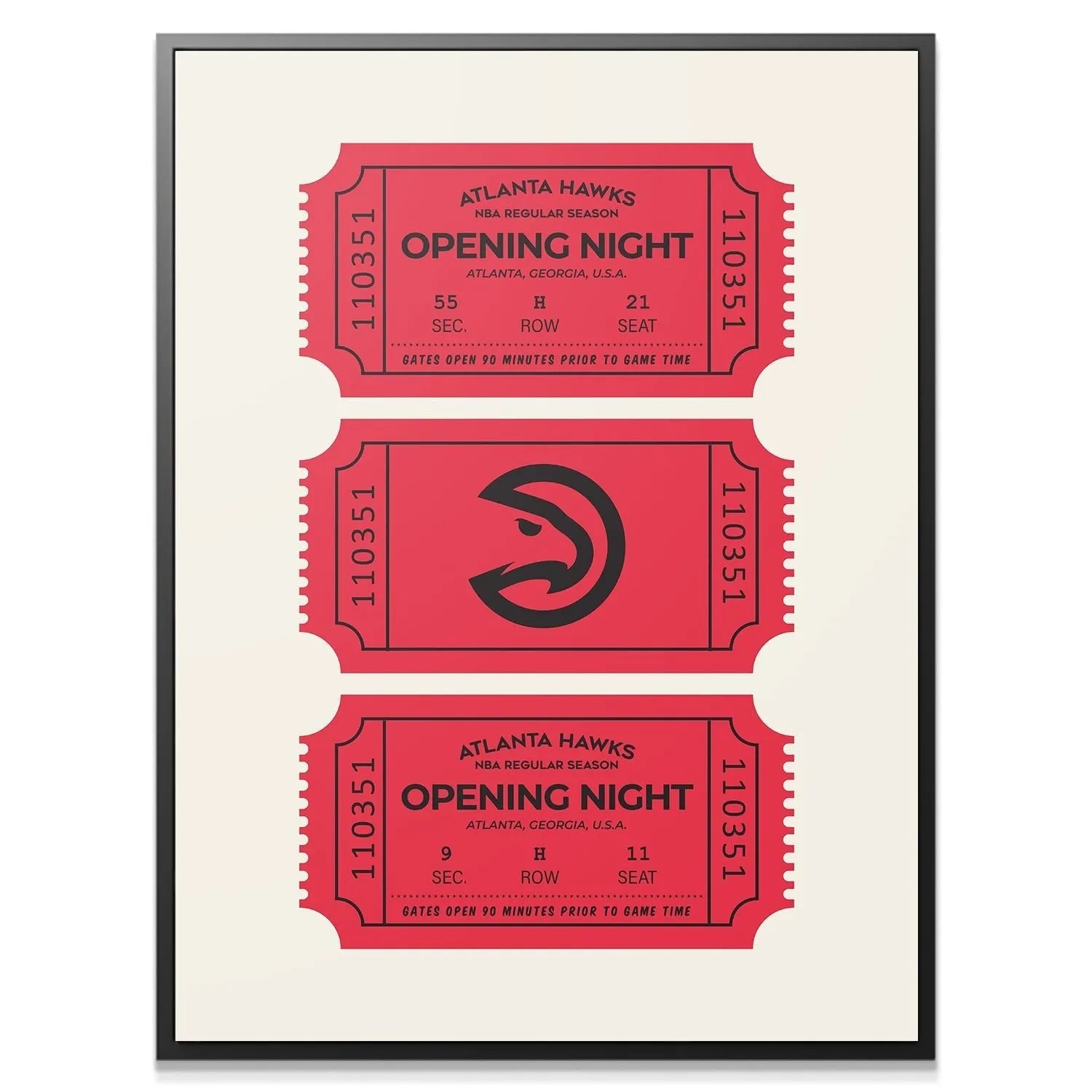Angled shot of the large Tickets - Hawks artwork mounted prominently on a white wall in interior decor.