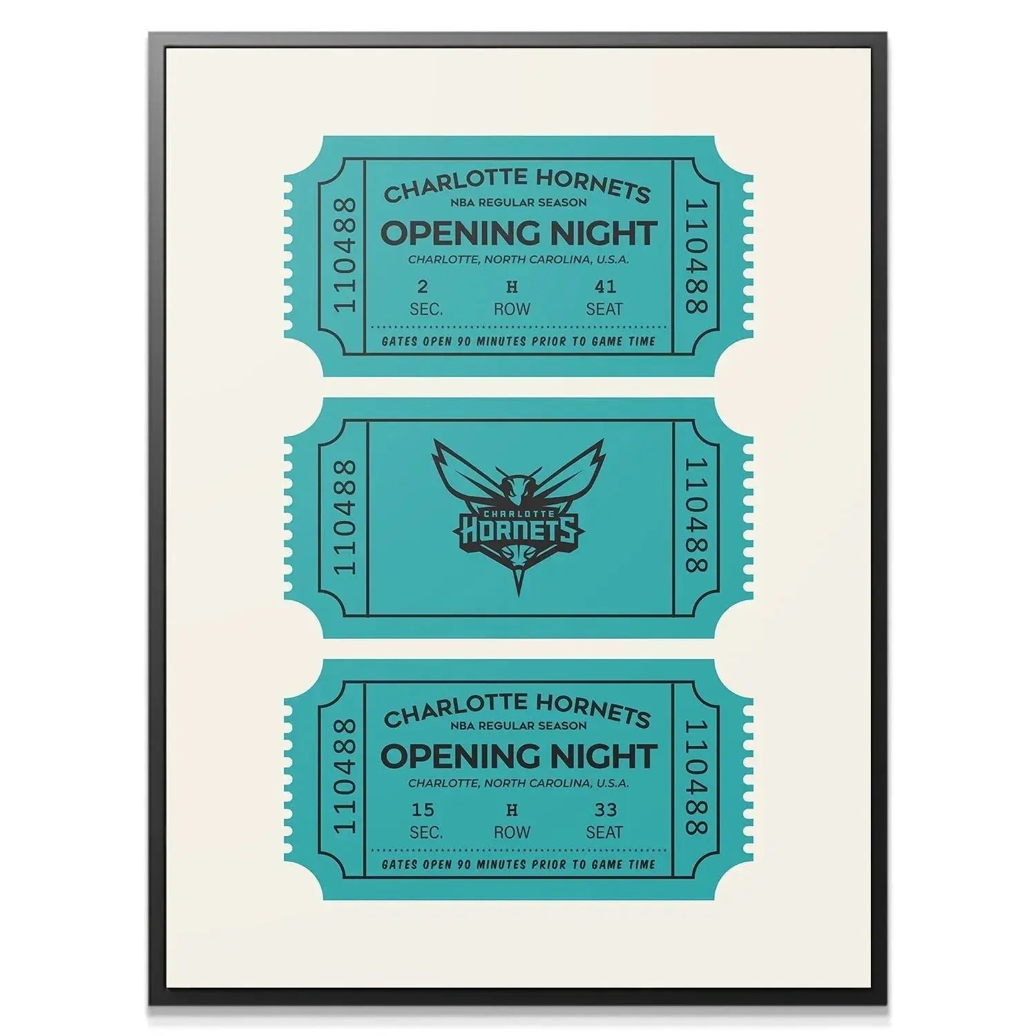 Detailed close-up showing perforation and Section 2 details on the top Tickets - Hornets stub design.