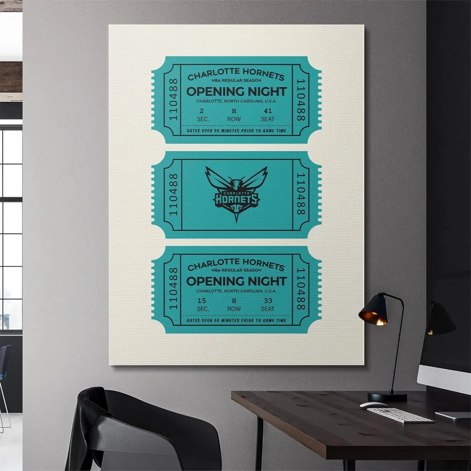 Slightly angled photo highlighting the depth and shadow of the framed vintage Tickets - Hornets print.