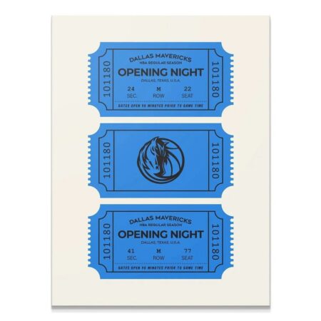Full vertical view of three stacked blue Dallas NBA Tickets - Mavericks art print.