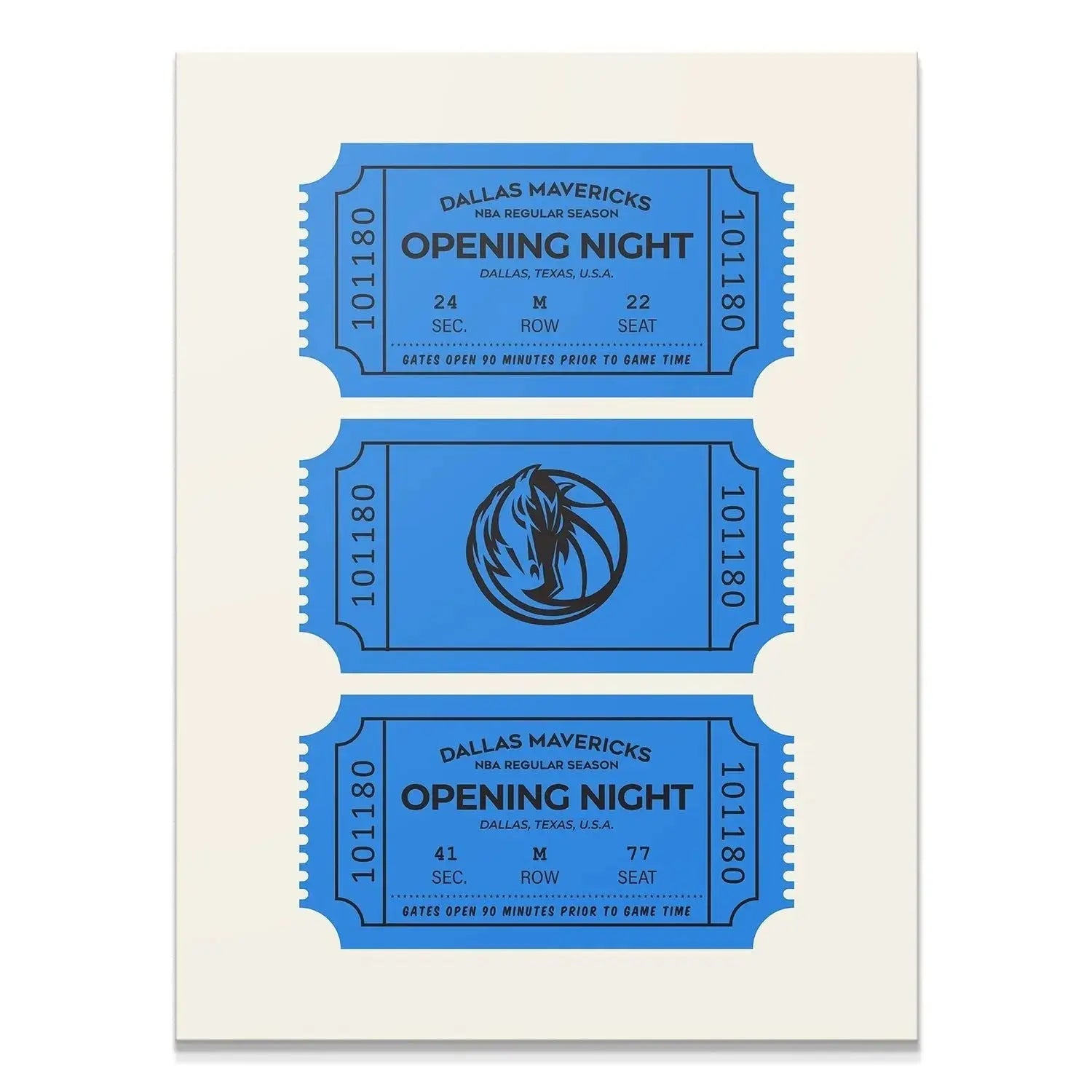Full vertical view of three stacked blue Dallas NBA Tickets - Mavericks art print.
