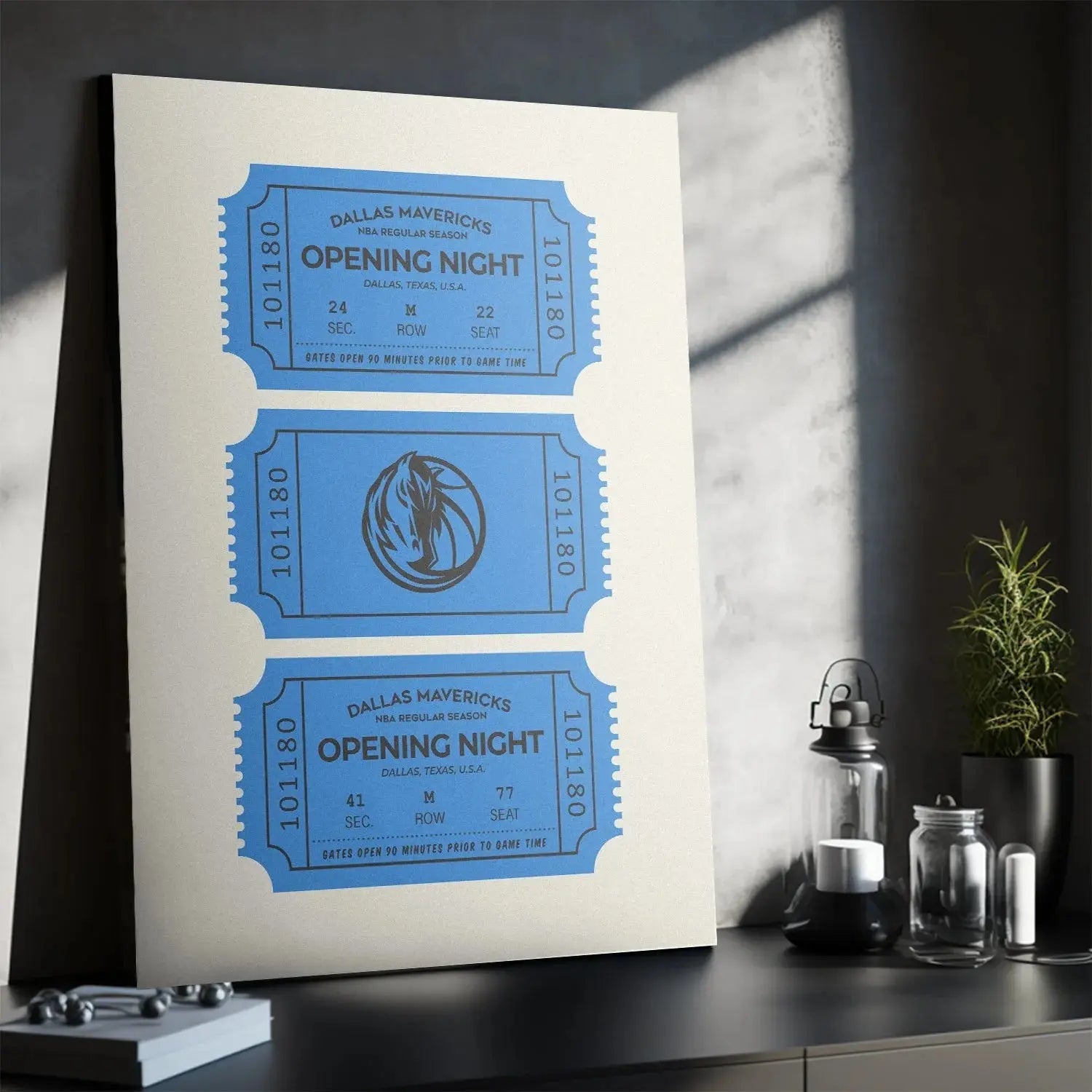 Overhead studio lighting perspective showcasing the matte paper texture of the Tickets - Mavericks.