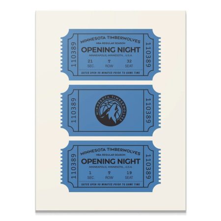 Full overhead view of three blue vintage Tickets - Timberwolves arranged vertically on a cream background.