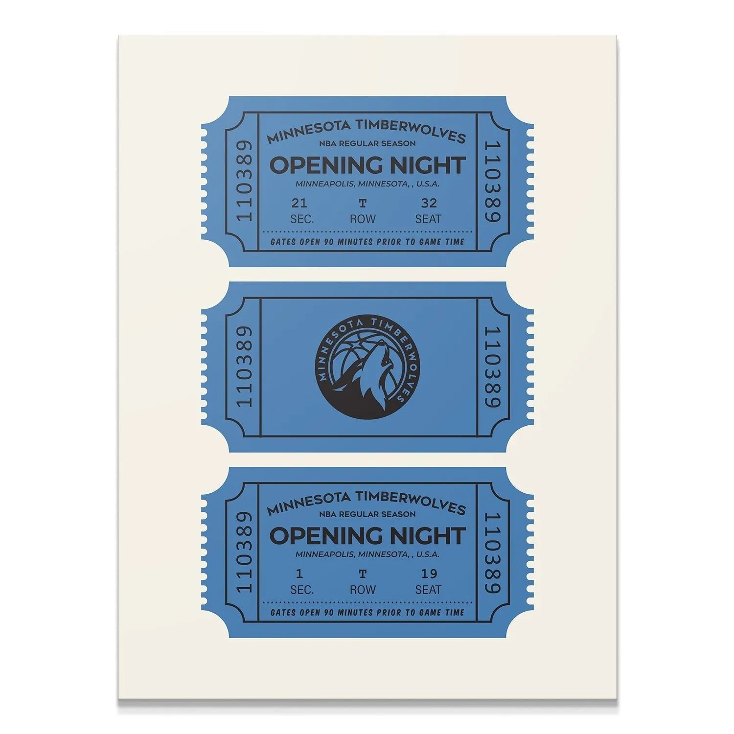 Full overhead view of three blue vintage Tickets - Timberwolves arranged vertically on a cream background.