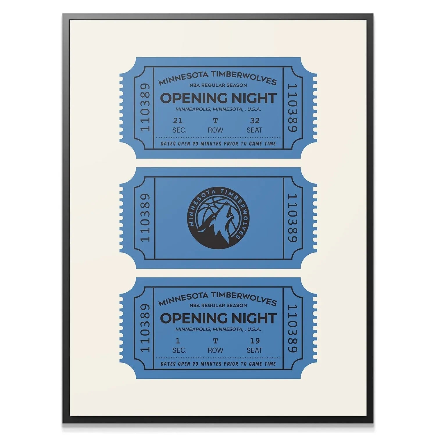 Close-up detail of the central ticket featuring the classic Minnesota Timberwolves logo and event information on the Tickets - Timberwolves print.