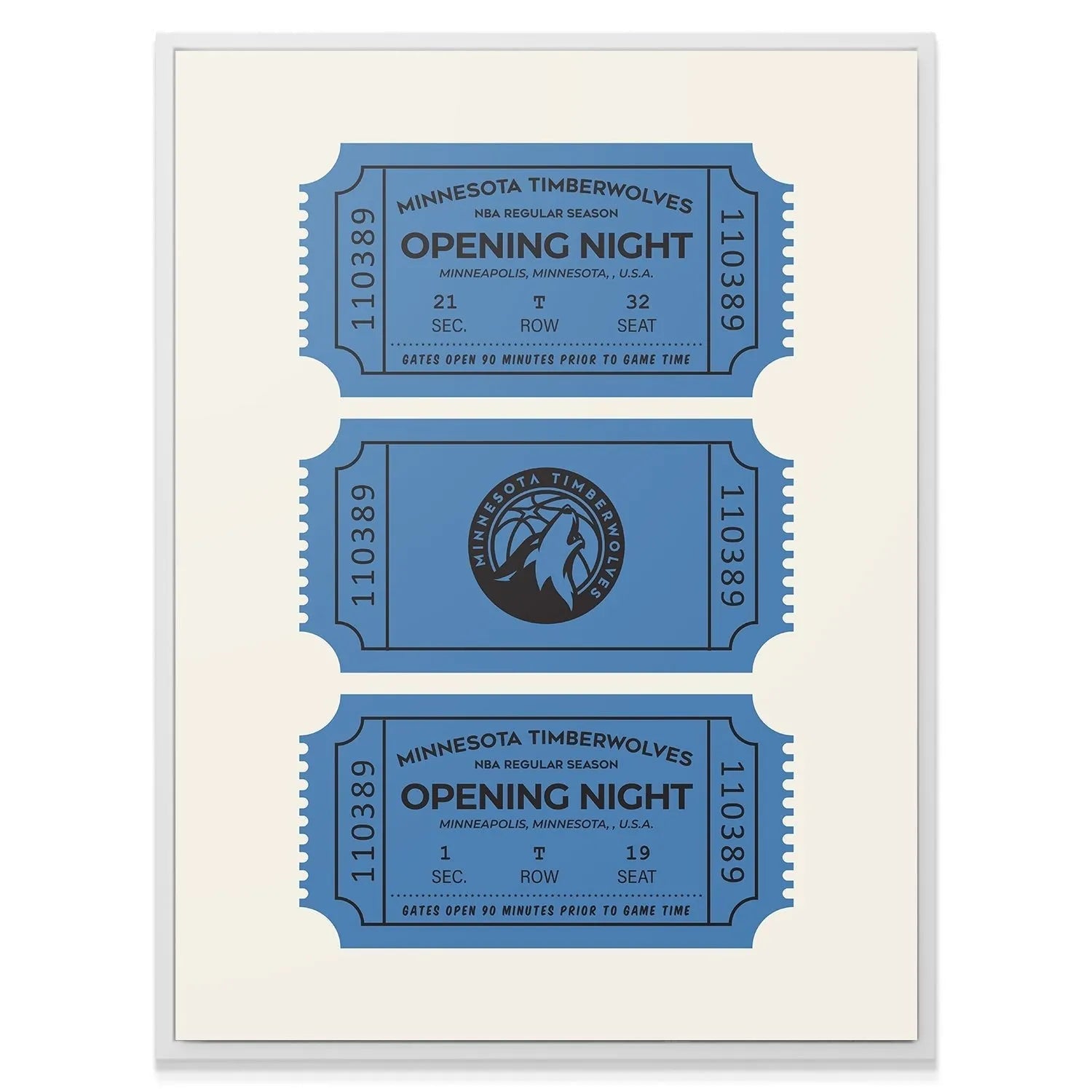 Detailed vertical shot showing the simulated perforated edges of the archival-quality Tickets - Timberwolves artwork.