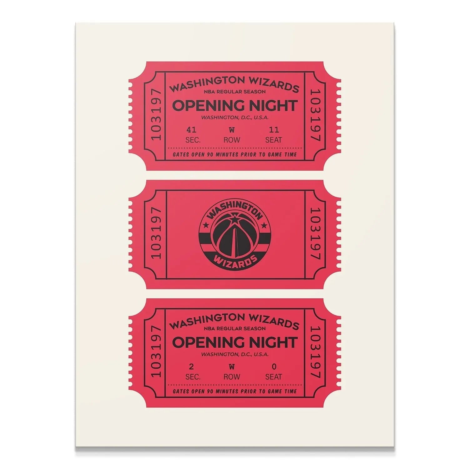 Full view of the three stylized red and black Tickets - Wizards poster art, featuring Opening Night details.