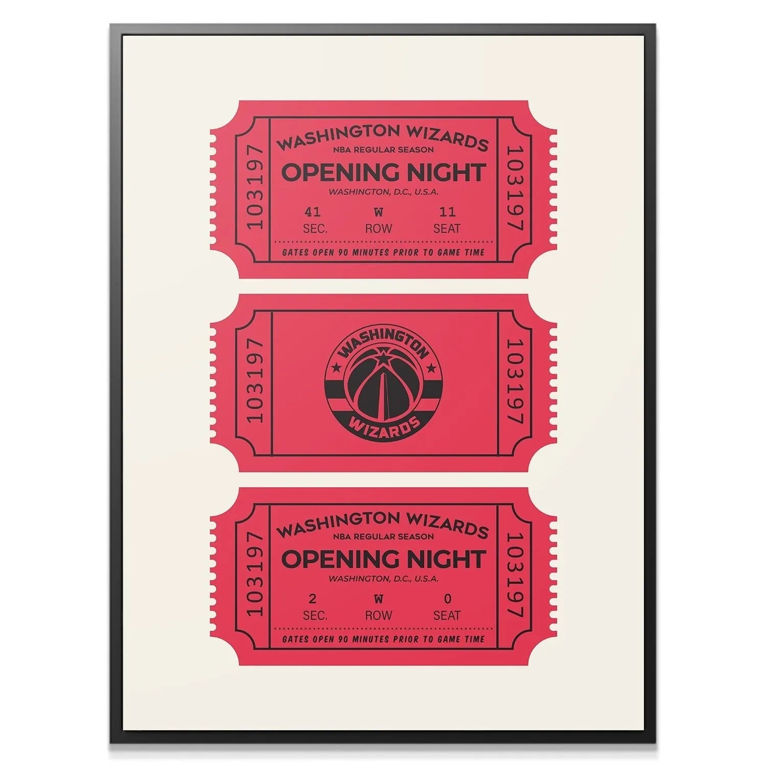 Close-up of the central ticket featuring the Washington Wizards logo and retro Tickets - Wizards typography.