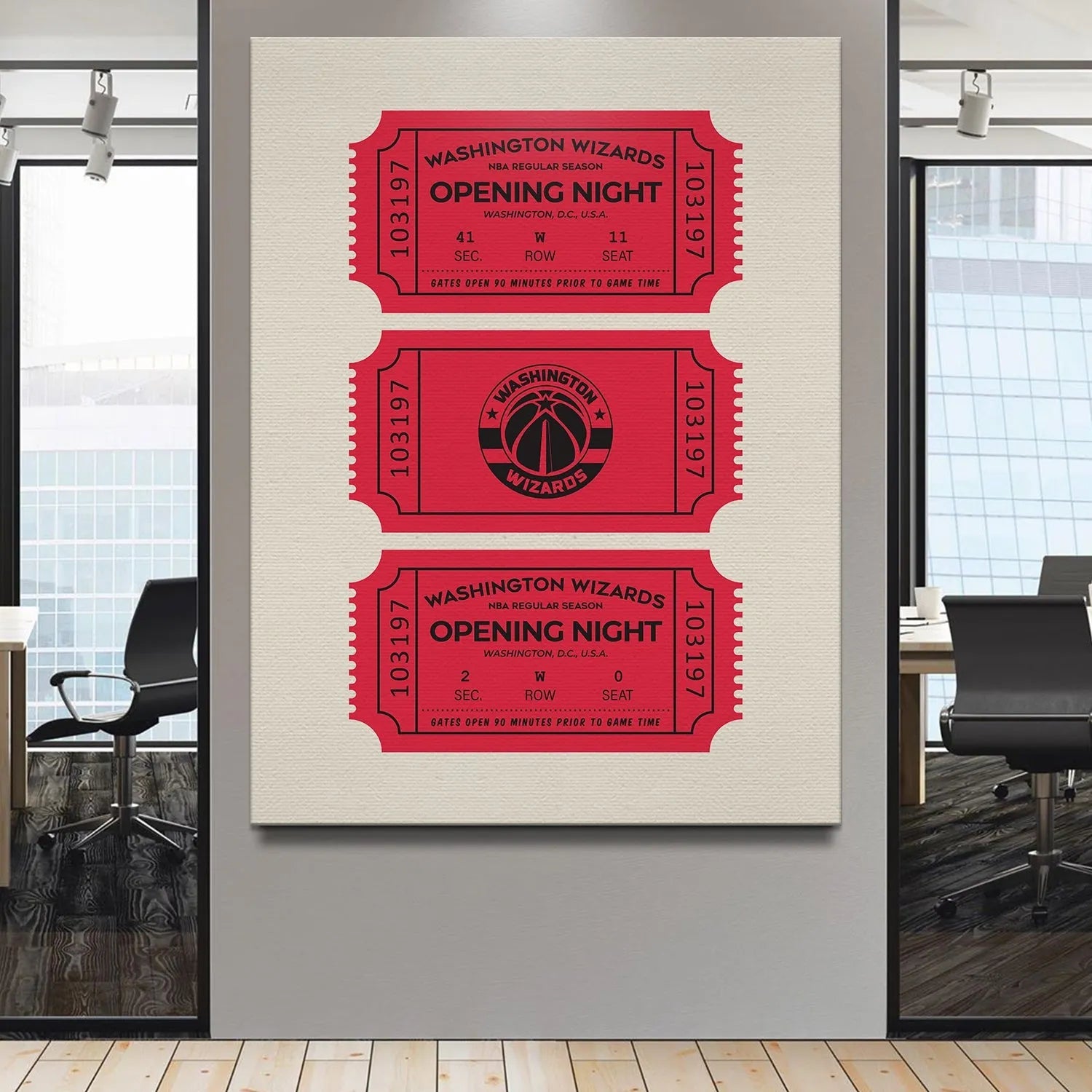The top ticket detailing Section 41, Row W, and Seat 11 information on the historic Tickets - Wizards artwork.