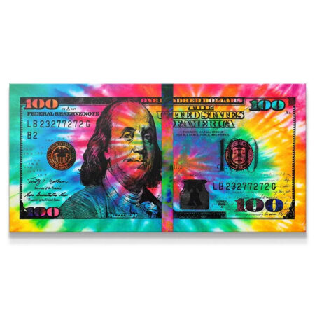 Full panoramic view of the 'Tie Dye Money' canvas art depicting the psychedelic $100 bill.
