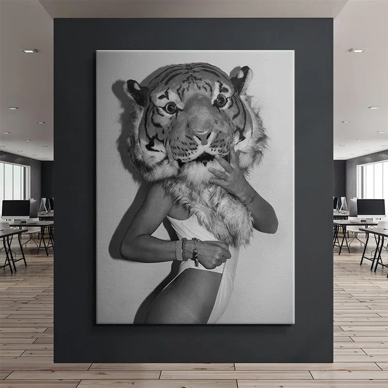 Dramatic angle emphasizing the scale and shadow cast by the iconic Tiger Suit headpiece.