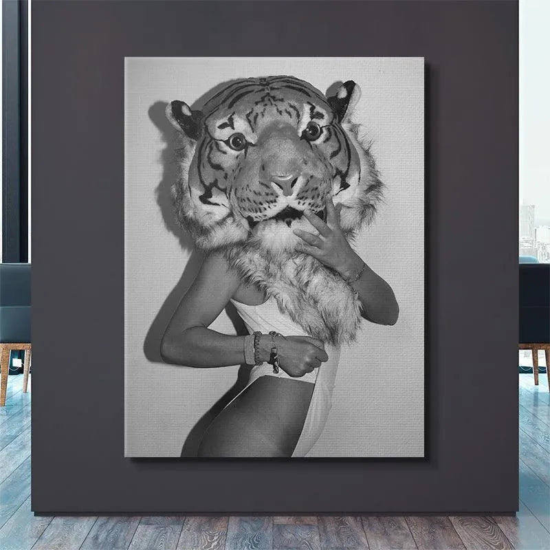 Detail focusing on the model's hand and bracelets contrasting sharply with the faux fur of the Tiger Suit collar.