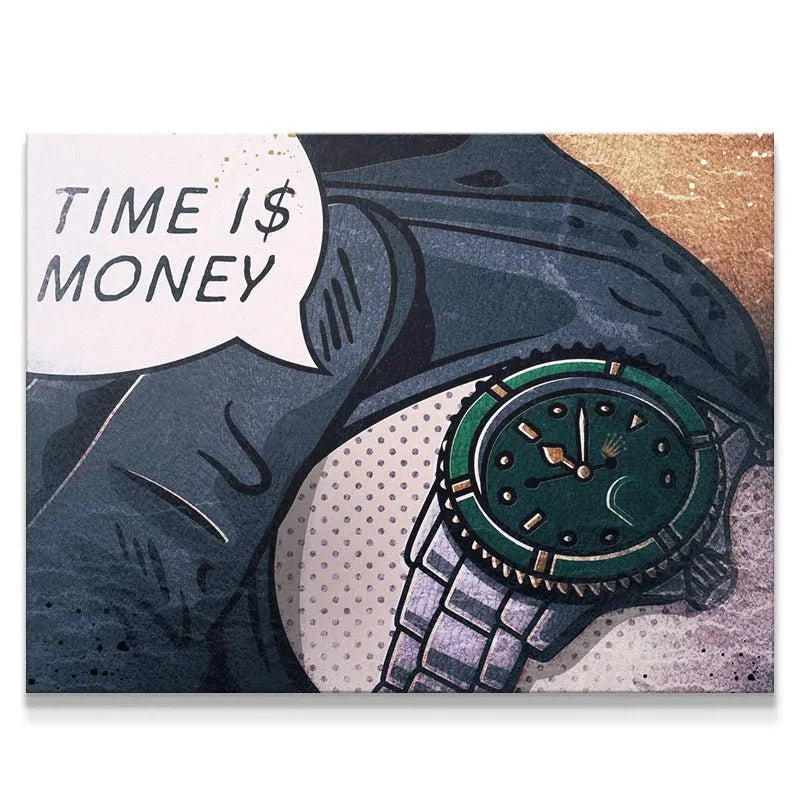 Close-up shot of the green luxury watch bezel and text bubble emphasizing 'Time Is Money' pop art.