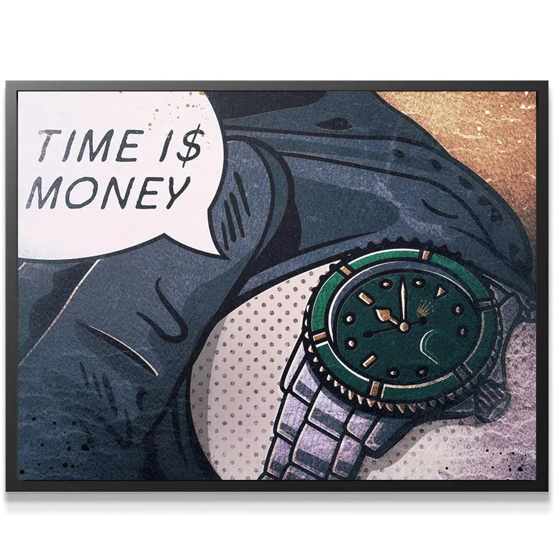 Dynamic angle of the comic book style print detailing the business philosophy 'Time Is Money'.