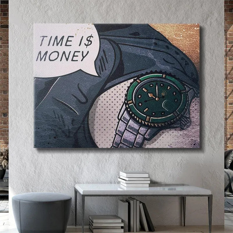 Lifestyle view of the motivational artwork 'Time Is Money' hanging above a modern desk.