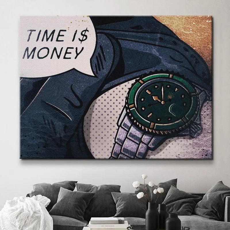 Detail of the silver watch band and green dial reinforcing the concept that 'Time Is Money'.