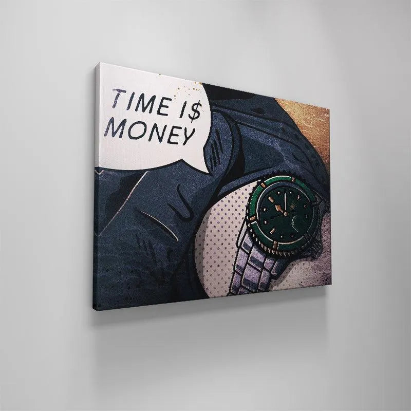 Urban art representation of wealth and urgency summed up by 'Time Is Money'.