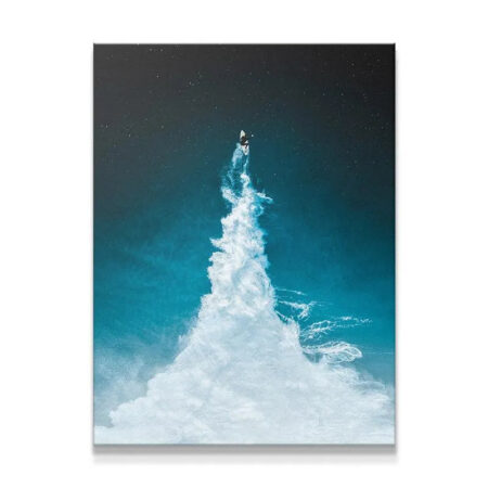 Wide view of the vertical 'To The Moon' canvas showing the full wave height against the dark sky.