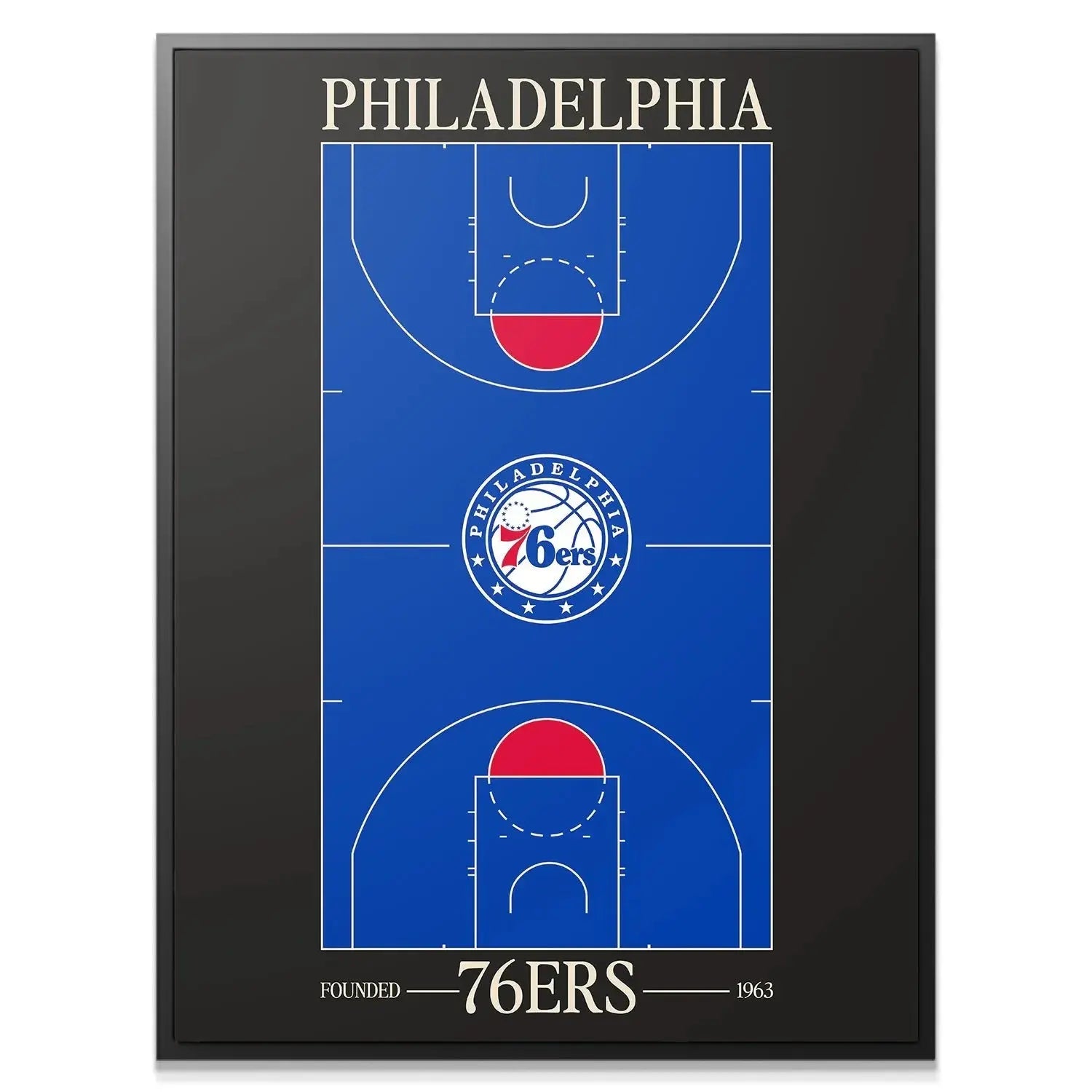 Close-up shot showing the central 76ers star logo detail on the Top Court Design - 76ers print.