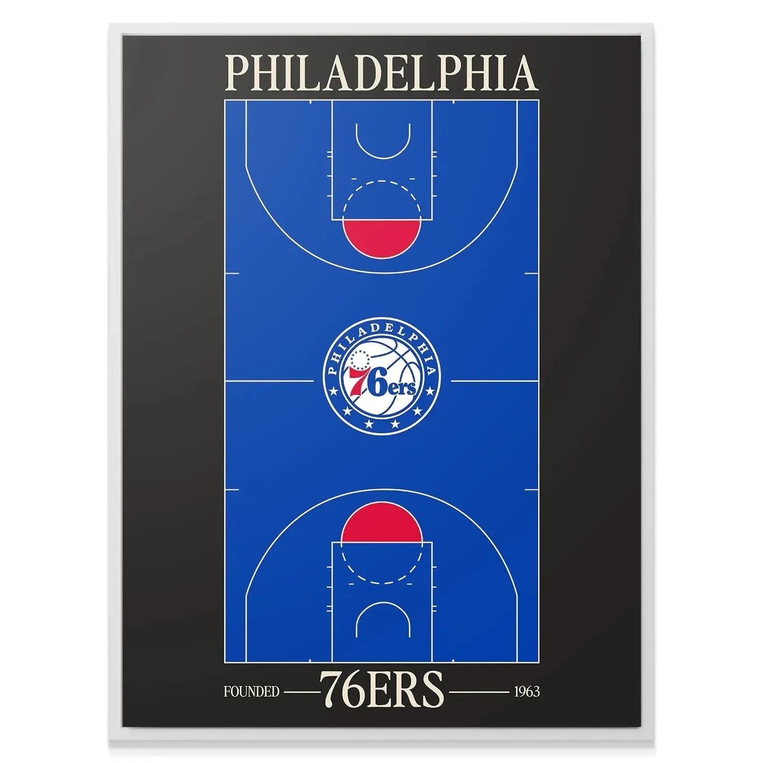 Detailed view of the 'Philadelphia' header typography on the black border of the Top Court Design - 76ers wall art.