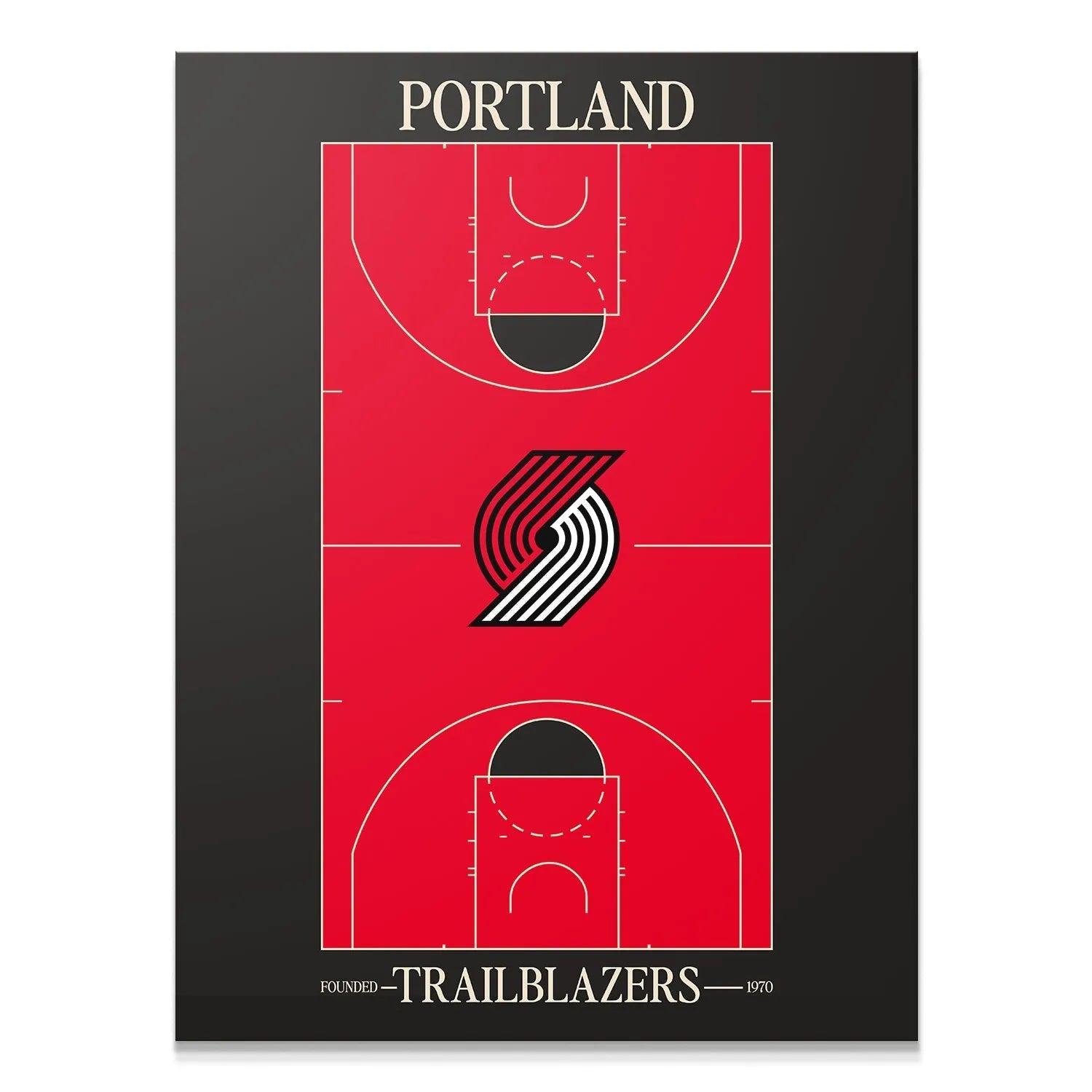 Full view of the stylized Portland basketball court aesthetic: Top Court Design - Blazers.