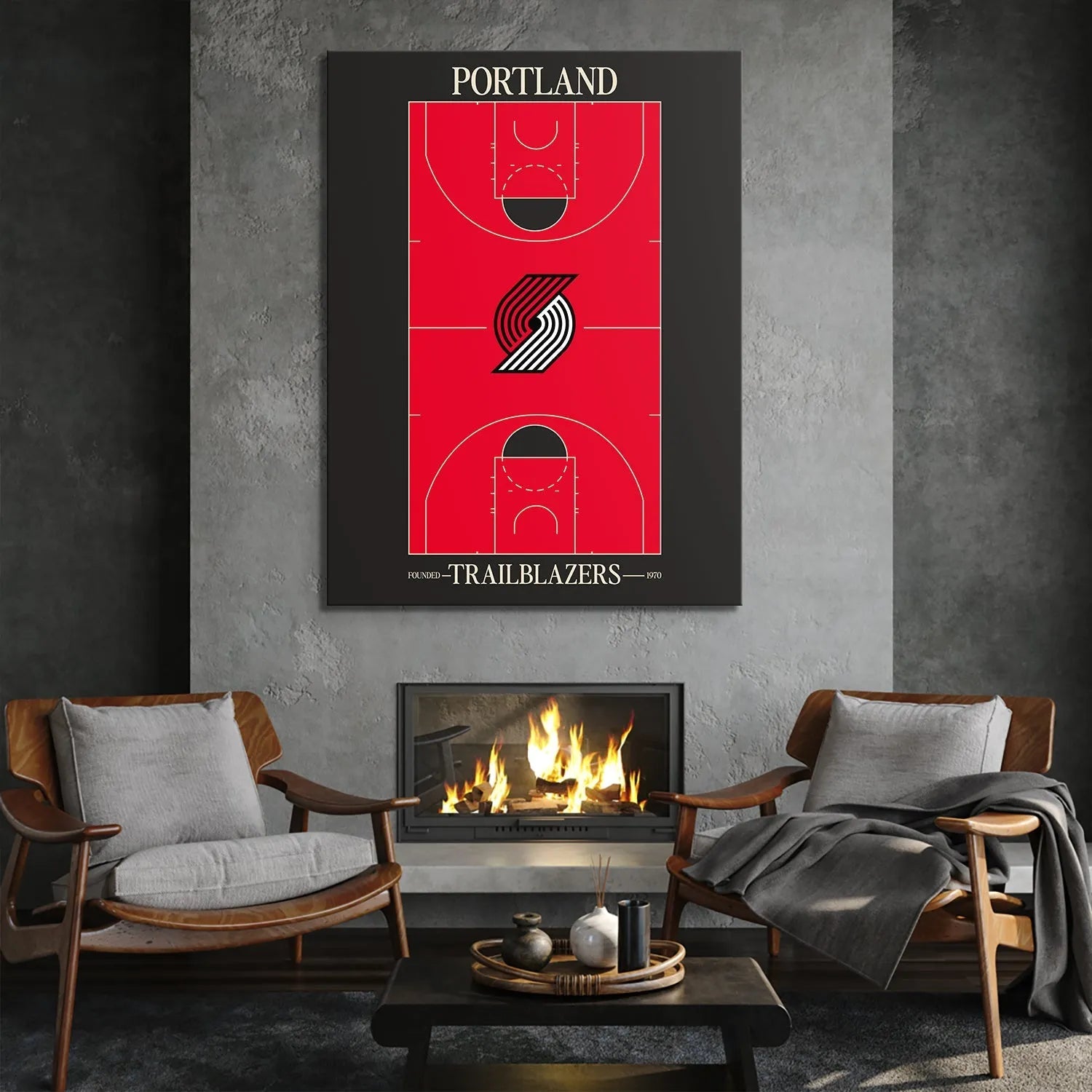 Detailed view of the 'PORTLAND' text header typography against the black background: Top Court Design - Blazers.