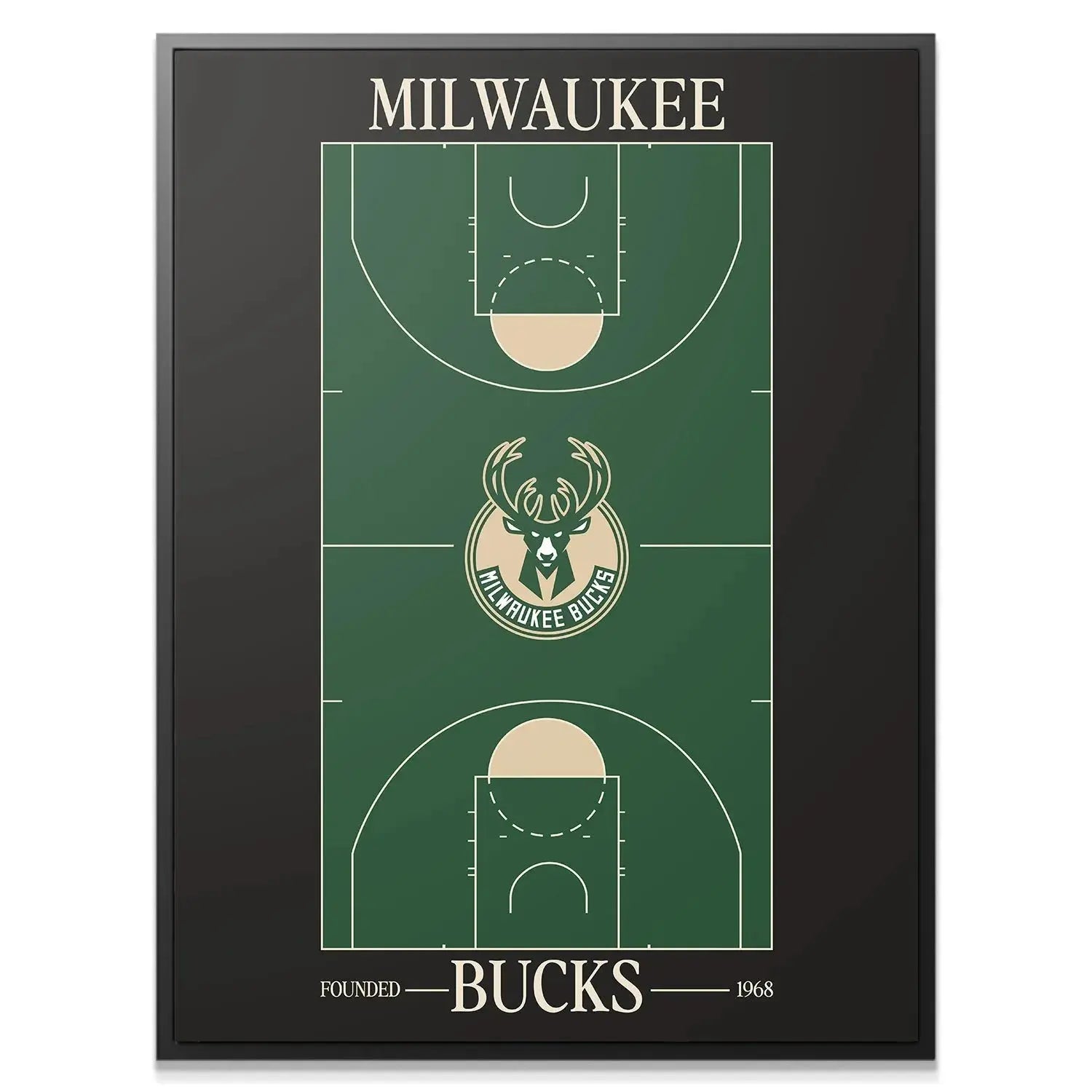 Close-up of the center court Milwaukee Bucks logo detail on the modern Top Court Design - Bucks wall art.