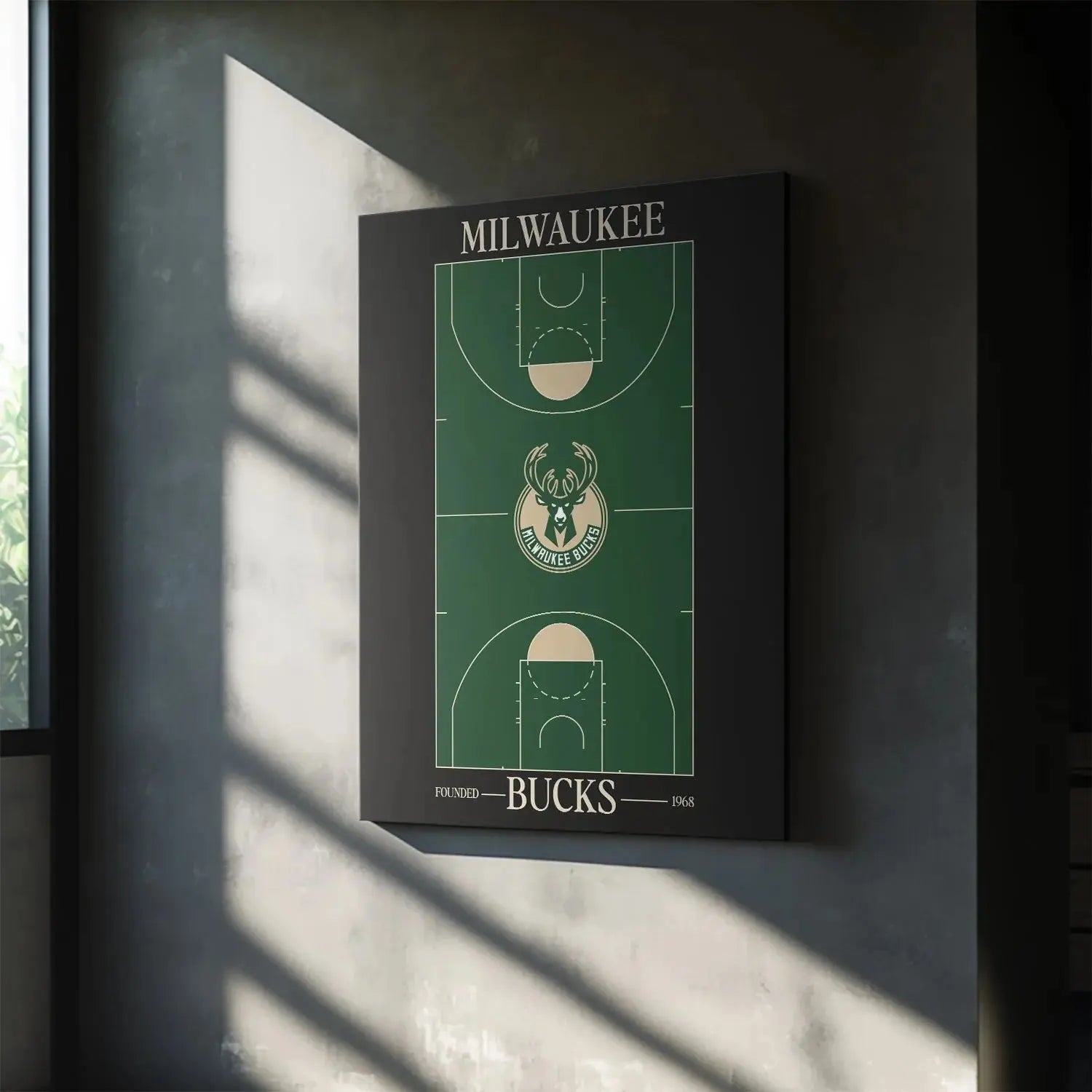 Wide view of the basketball court markings and free-throw lines in the stylized Top Court Design - Bucks diagram.