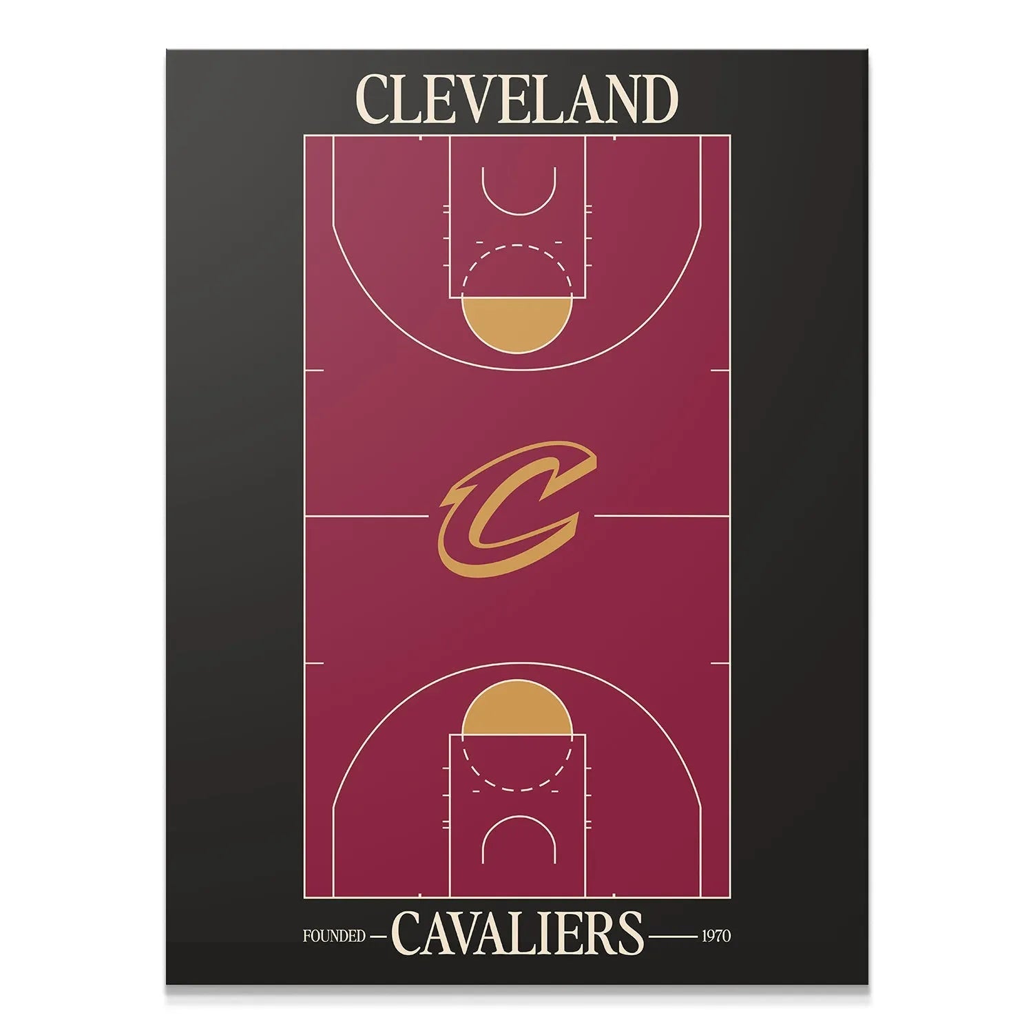 Full overhead view of the Top Court Design - Cavaliers basketball floor map art.